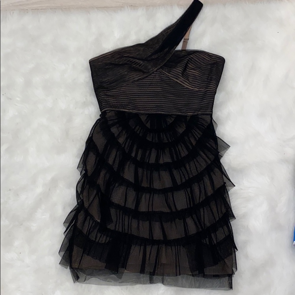BCBGMAXAZRIA one shoulder, black tulle dress